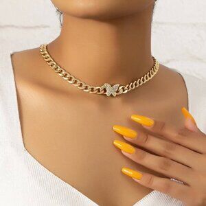 Women Rhinestone Butterfly Pendent Necklace Chain Choker Jewelry